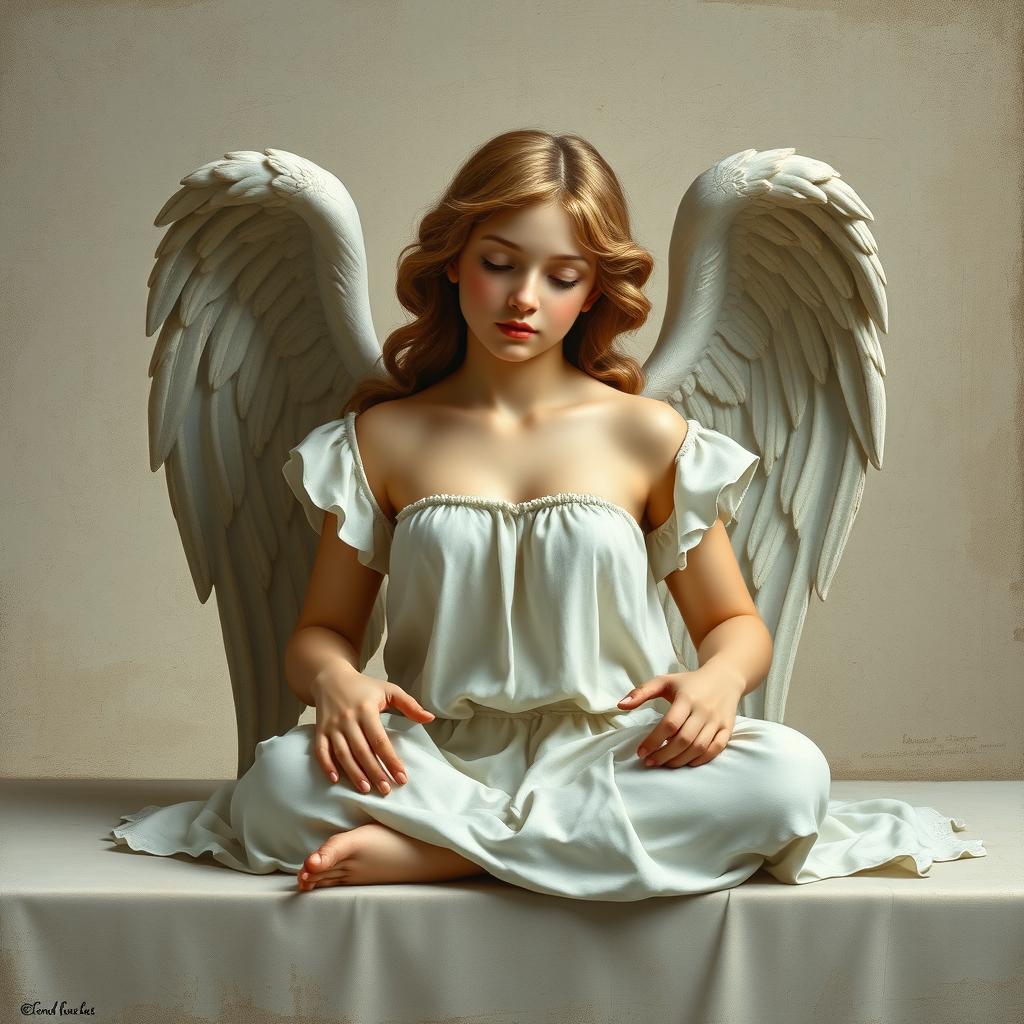 An angel sitting and resting in a renaissance art style, wearing white clothes