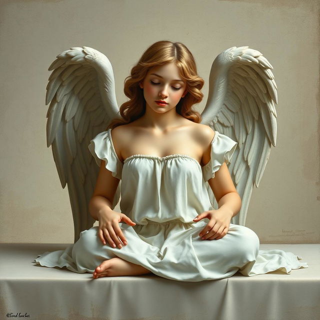 An angel sitting and resting in a renaissance art style, wearing white clothes