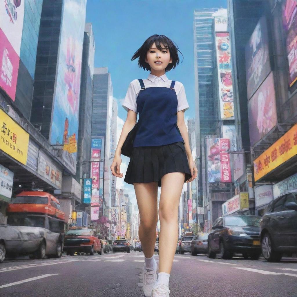 Create a vivid anime scene showcasing an energetic character in a bustling cityscape