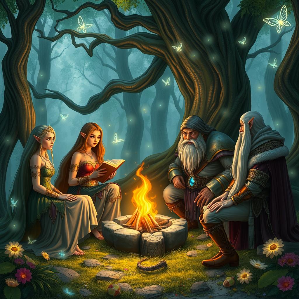 A group of fantasy characters from the world of Altora, including elegant elves, sturdy dwarves, and mystical humans, gather in a magical forest clearing