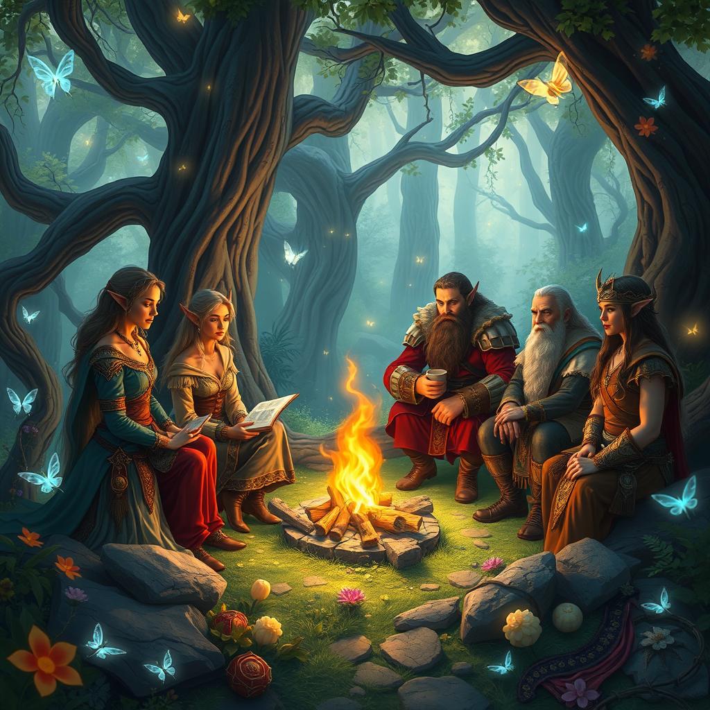 A group of fantasy characters from the world of Altora, including elegant elves, sturdy dwarves, and mystical humans, gather in a magical forest clearing