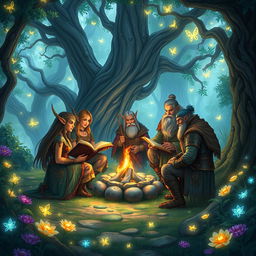 A group of fantasy characters from the world of Altora, including elegant elves, sturdy dwarves, and mystical humans, gather in a magical forest clearing