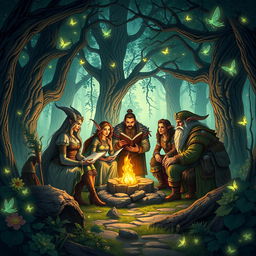 A group of fantasy characters from the world of Altora, including elegant elves, sturdy dwarves, and mystical humans, gather in a magical forest clearing