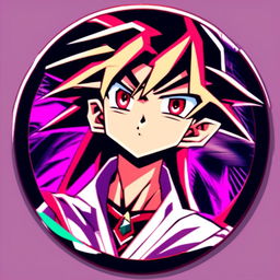 Retro anime profile of Yugi Muto glitching within a cool circle border.