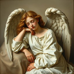 An angel resting while wearing white clothes in a renaissance art style