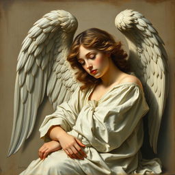 An angel resting while wearing white clothes in a renaissance art style