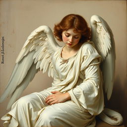 An angel resting while wearing white clothes in a renaissance art style