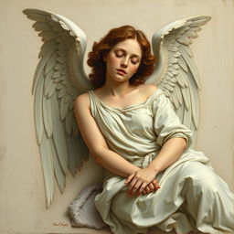 An angel resting while wearing white clothes in a renaissance art style