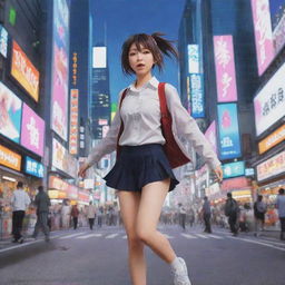 Create a vivid anime scene showcasing an energetic character in a bustling cityscape