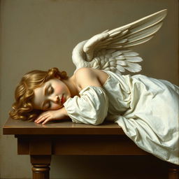 An angel sleeping on a table, wearing white clothes, in a renaissance art style