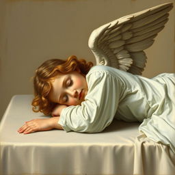 An angel sleeping on a table, wearing white clothes, in a renaissance art style