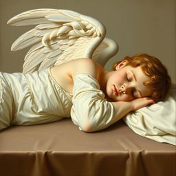 An angel sleeping on a table, wearing white clothes, in a renaissance art style