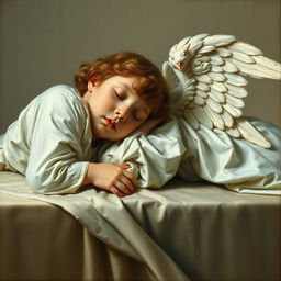 An angel sleeping on a table, wearing white clothes, in a renaissance art style