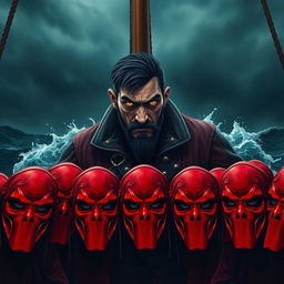 A group of pirates wearing red masks kneeling before a menacing male pirate lord