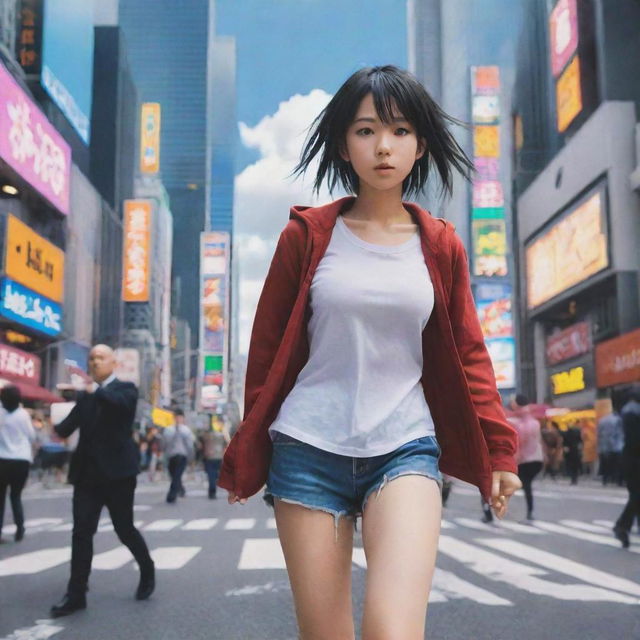 Create a vivid anime scene showcasing an energetic character in a bustling cityscape