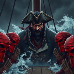 A group of pirates wearing red masks kneeling before a menacing male pirate lord