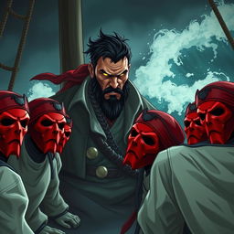 A group of pirates wearing red masks kneeling before a menacing male pirate lord