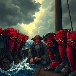 Pirates with red masks kneeling in front of a malevolent pirate lord