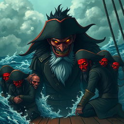 Pirates with red masks kneeling in front of a malevolent pirate lord