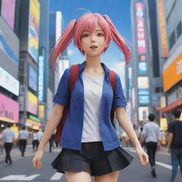 Create a vivid anime scene showcasing an energetic character in a bustling cityscape