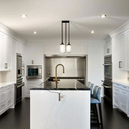 A modern kitchen with glossy white cabinets, black marble countertops, top-of-the-line stainless steel appliances, and a large central island, all under bright white recessed lighting.