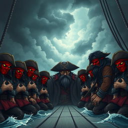 Pirates with red masks kneeling in front of a malevolent pirate lord