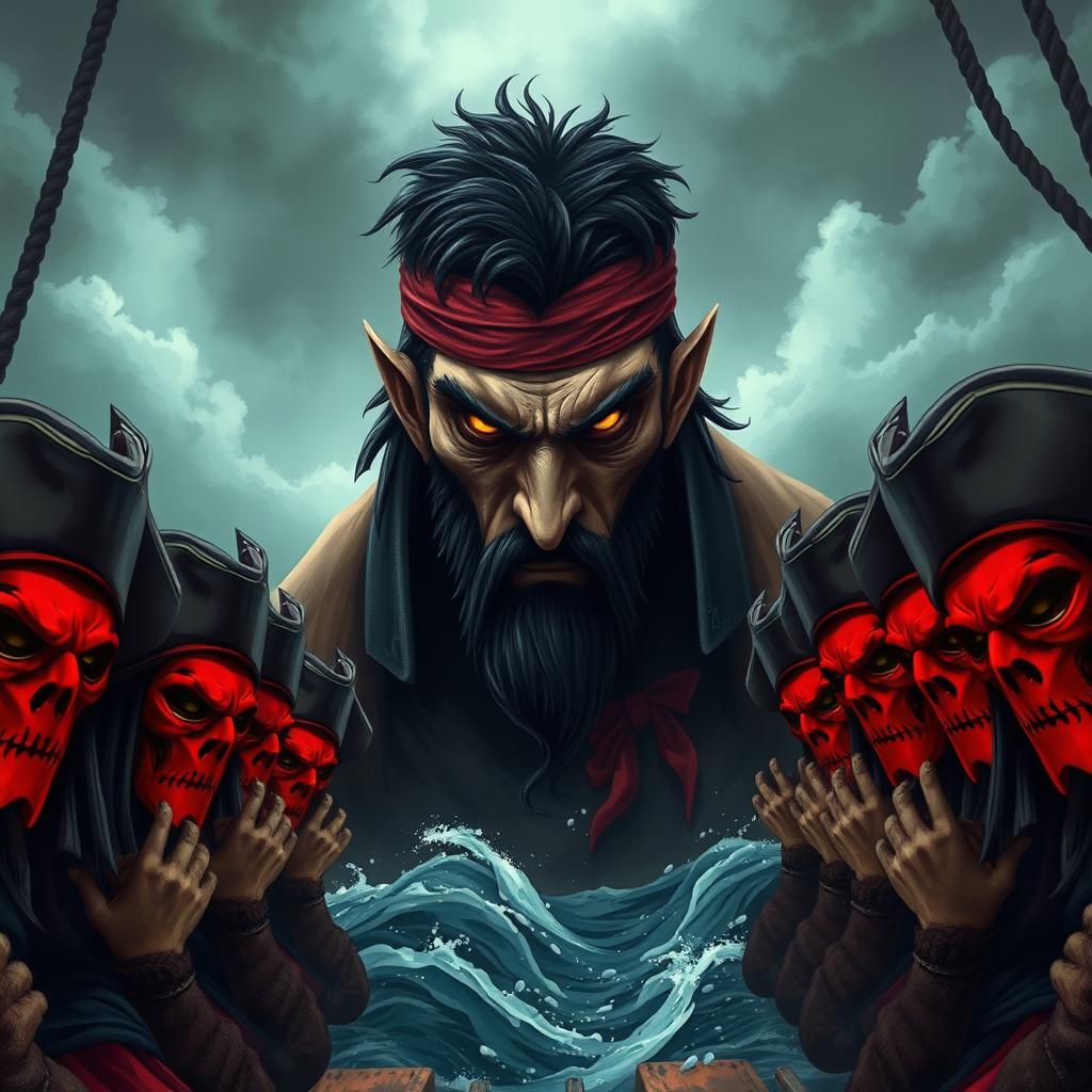 Pirates with red masks kneeling in front of a malevolent pirate lord