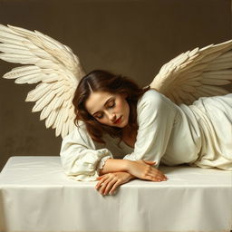 A woman angel resting on a table, depicted in a renaissance art style