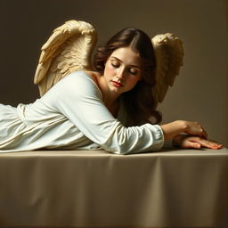 A woman angel resting on a table, depicted in a renaissance art style