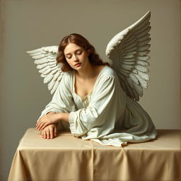 A woman angel resting on a table, depicted in a renaissance art style