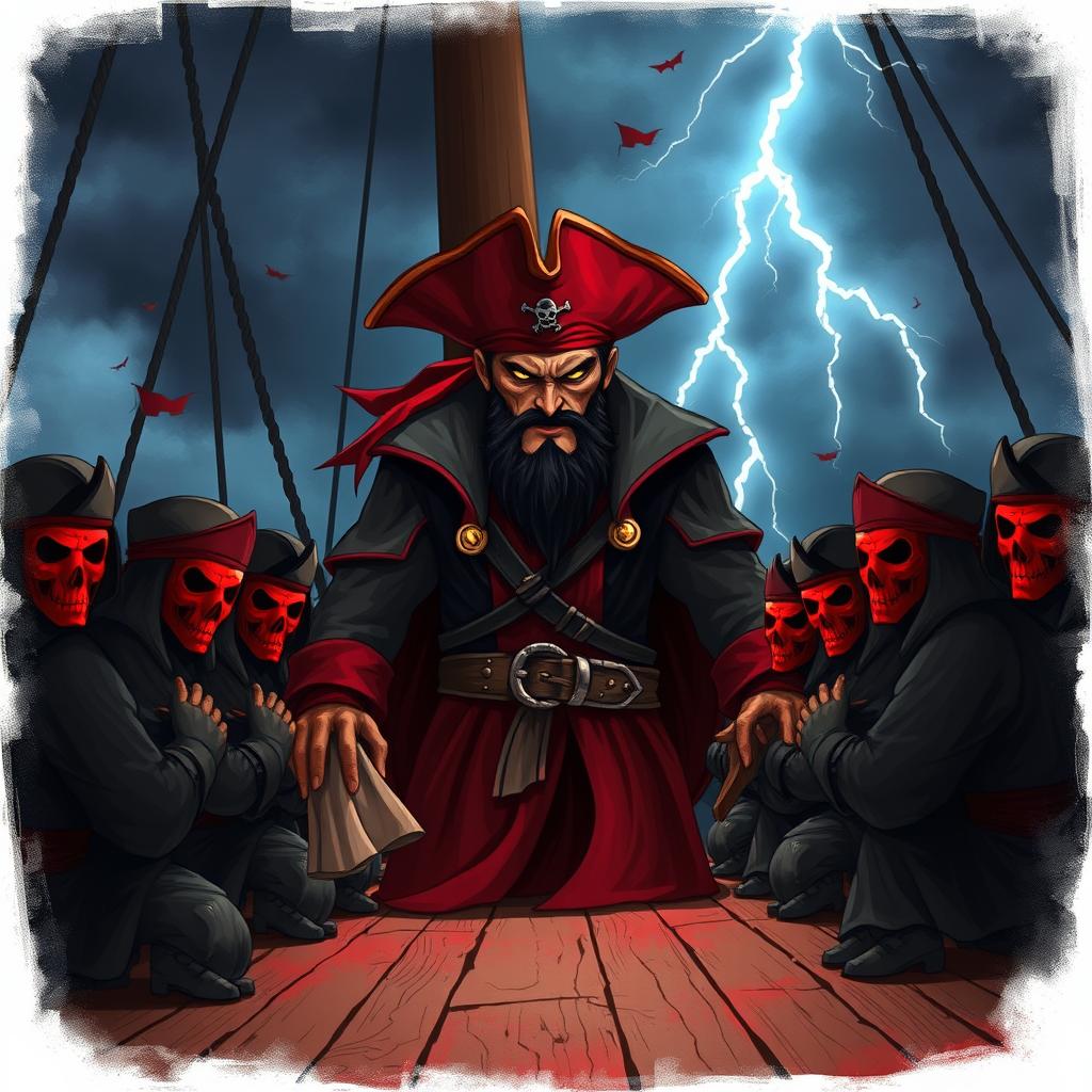 An evil male pirate lord stands surrounded by kneeling pirates wearing red masks