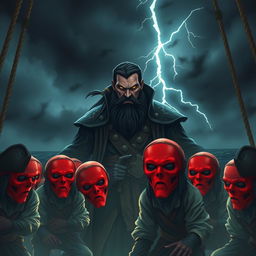 An evil male pirate lord stands surrounded by kneeling pirates wearing red masks