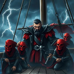 An evil male pirate lord stands surrounded by kneeling pirates wearing red masks