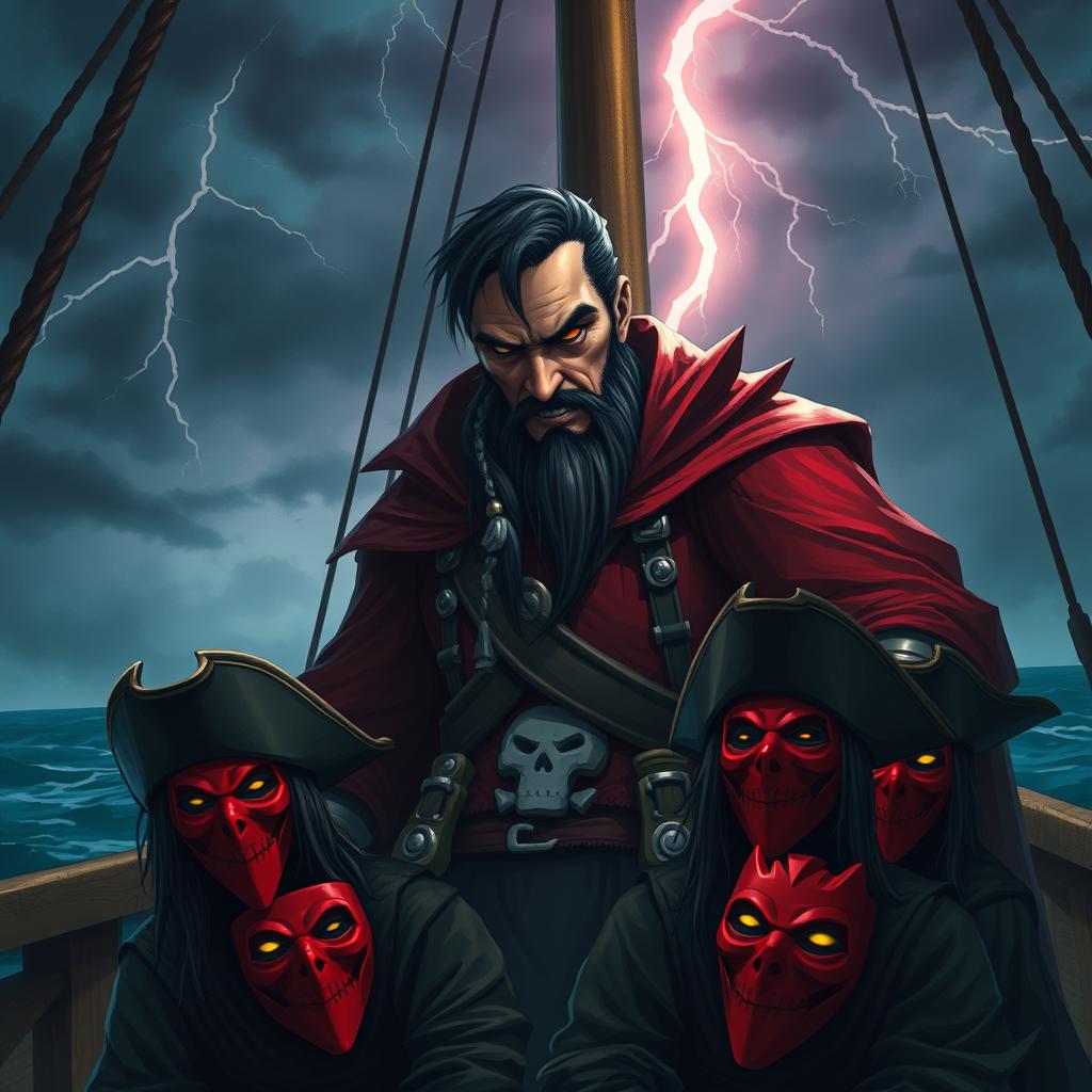 An evil male pirate lord stands surrounded by kneeling pirates wearing red masks