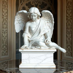 A marble statue of a woman angel resting with her upper body on a table, depicted in a renaissance art style