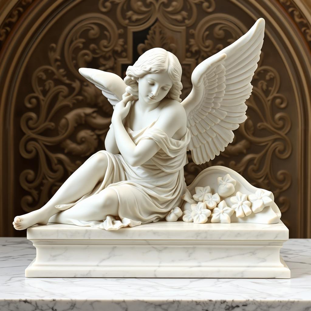 A marble statue of a woman angel resting with her upper body on a table, depicted in a renaissance art style