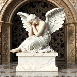 A marble statue of a woman angel resting with her upper body on a table, depicted in a renaissance art style