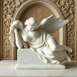 A marble statue of a woman angel resting with her upper body on a table, depicted in a renaissance art style