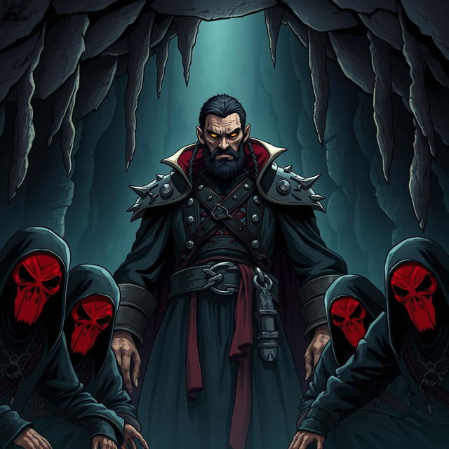 An evil male pirate lord with a short, pointy beard and short black hair, bearing striking yellow eyes, is surrounded by kneeling pirates wearing red masks