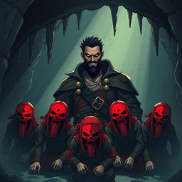 An evil male pirate lord with a short, pointy beard and short black hair, bearing striking yellow eyes, is surrounded by kneeling pirates wearing red masks