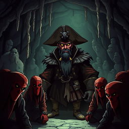 An evil male pirate lord with a short, pointy beard and short black hair, bearing striking yellow eyes, is surrounded by kneeling pirates wearing red masks