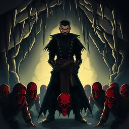 An evil male pirate lord with a short, pointy beard and short black hair, bearing striking yellow eyes, is surrounded by kneeling pirates wearing red masks