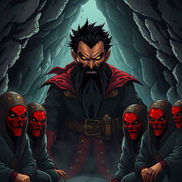 An evil male pirate lord with a short, pointy beard and short black hair, highlighted by vivid yellow eyes, stands dominantly in a cave