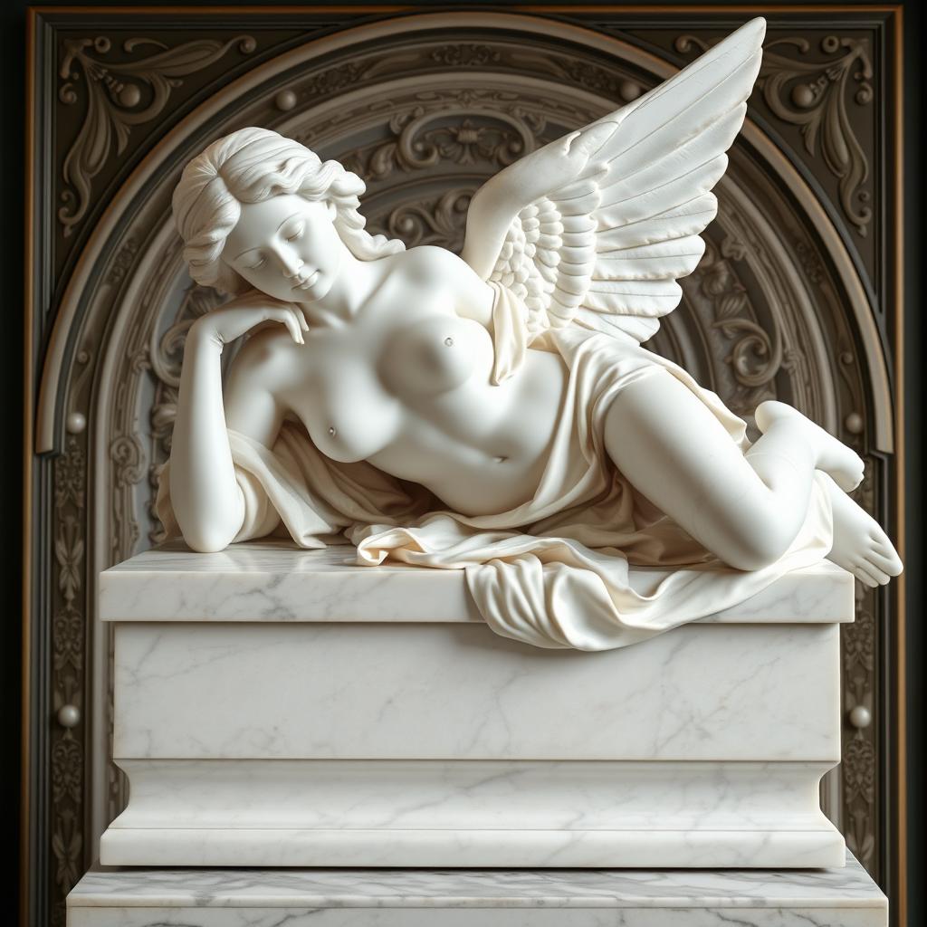 A marble statue of a woman angel resting with her upper body on a table, depicted in a renaissance art style