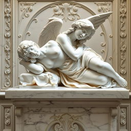 A marble statue of a woman angel resting with her upper body on a table, depicted in a renaissance art style