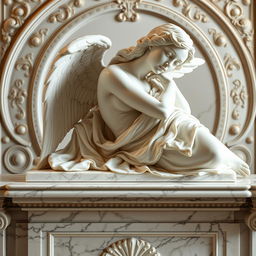 A marble statue of a woman angel resting with her upper body on a table, depicted in a renaissance art style