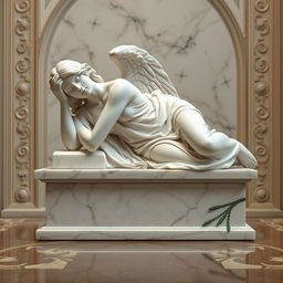 A marble statue of a woman angel resting with her upper body on a table, depicted in a renaissance art style