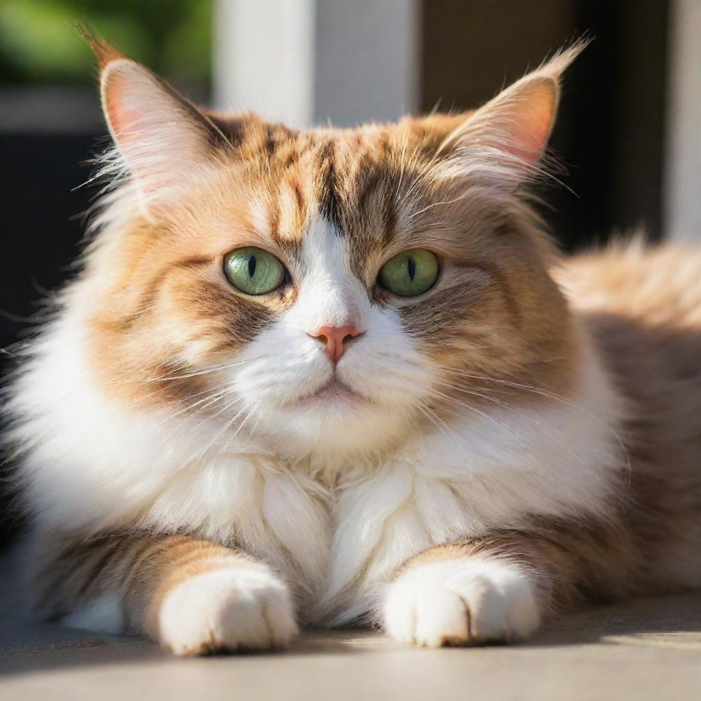 A beautiful, fluffy cat lounging in warm sunlight with its vivid green eyes wide open.