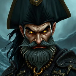 An evil male DND pirate lord with a distinctive short, pointy beard and jet-black hair, prominently displaying his sharp yellow eyes