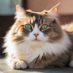 A beautiful, fluffy cat lounging in warm sunlight with its vivid green eyes wide open.